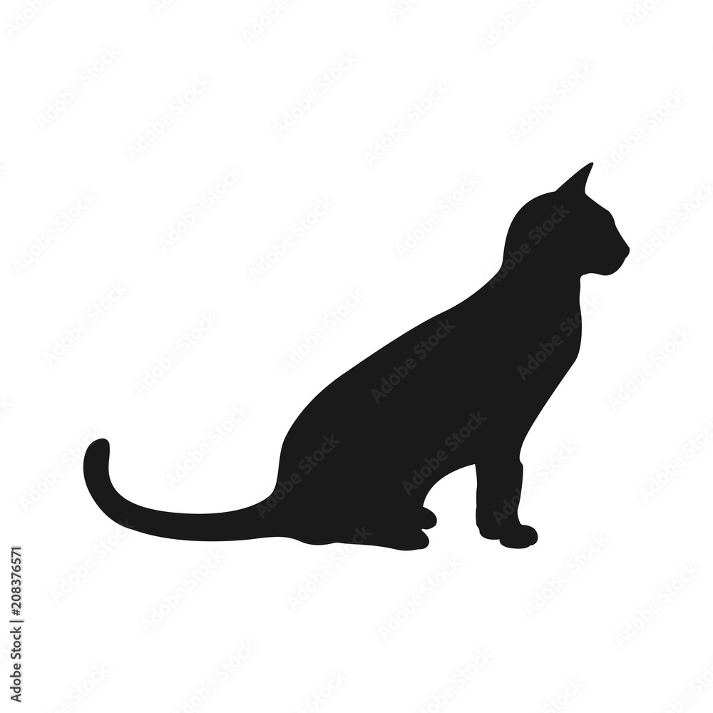 Black cat silhouette. Elegant cat sitting side view with turn around head. 
