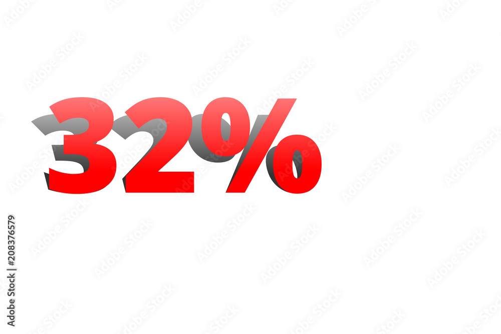 32% rote Prozentzahl mit Schatten auf weißem Hintergrund 32% rote Prozentzahl mit Schatten auf weißem Hintergrund