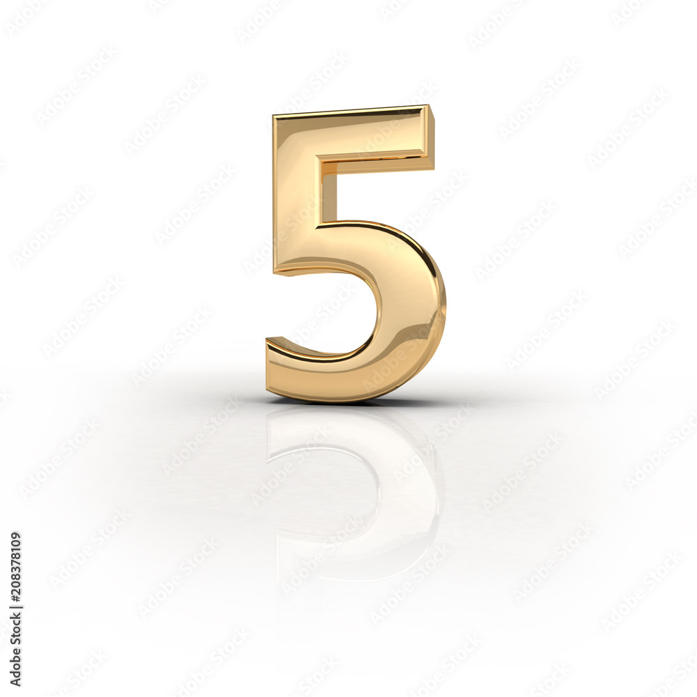 3d render (illustration) of gold metal character 5, five. Numbers ...