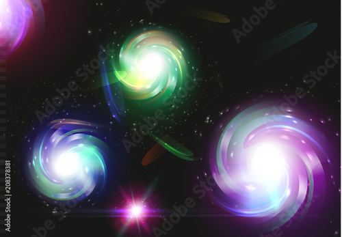 Spiral galaxy, space nebula illustration, astronomy, universe on black cosmic background.