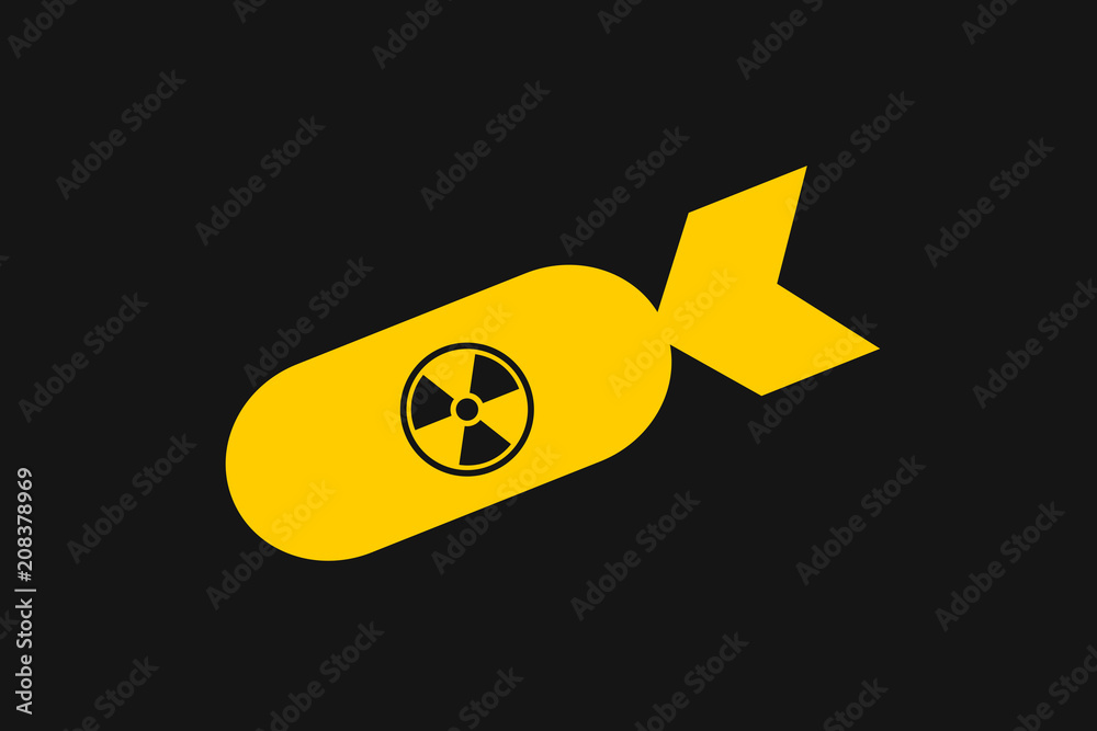 Nuclear and atomic bomb - weapon and exposive of mass destruction. Missile with symbol of radiation and radioactivity. Vector illustration