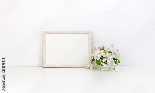 Horizontal frame floral mockup, white flowers, styled stock photo