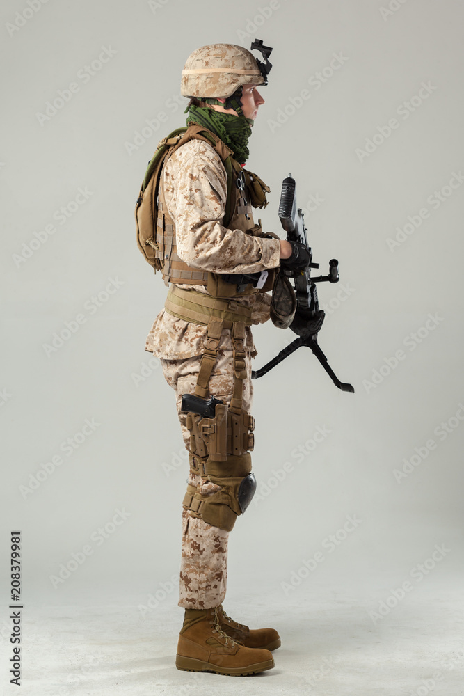 Soldier in camouflage holding rifle