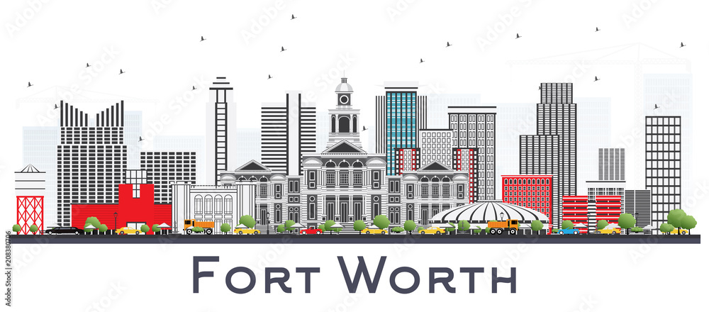 Fort Worth USA City Skyline with Gray Buildings Isolated on White.