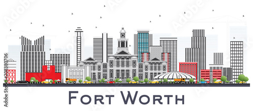 Fort Worth USA City Skyline with Gray Buildings Isolated on White.