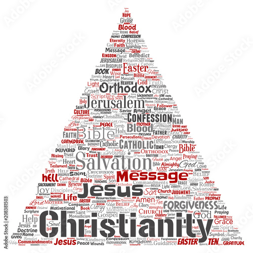 Vector conceptual christianity, jesus, bible, testament triangle arrow red  word cloud isolated background. Collage of teachings, salvation resurrection, heaven, confession, forgiveness, love concept