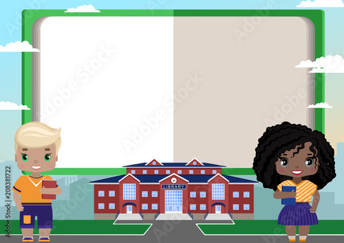 children's frame in the form of an open book for text (ads, diploma, certificate, greetings, voucher, photo, collage, banner, cards)with a library and children with books