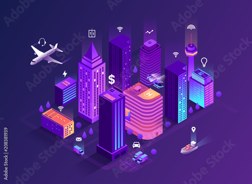 Smart city isometric illustration. Intelligent buildings. Streets of the city connected to computer network. Internet of things concept. Business center with skyscrapers. Eps 10