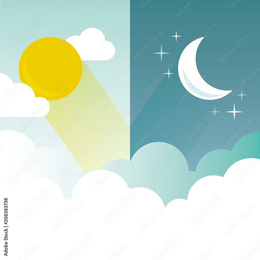 Day and Night layout. Sun, moon, stars and clouds banner. Weather ...