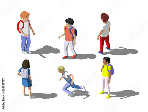 Vector isometric childrens, school students set. Low poly style