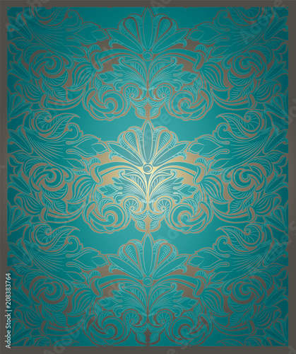 vintage horizontal background in turquoise with gold, with classic Baroque pattern, Rococo with darkened edges, vertical format