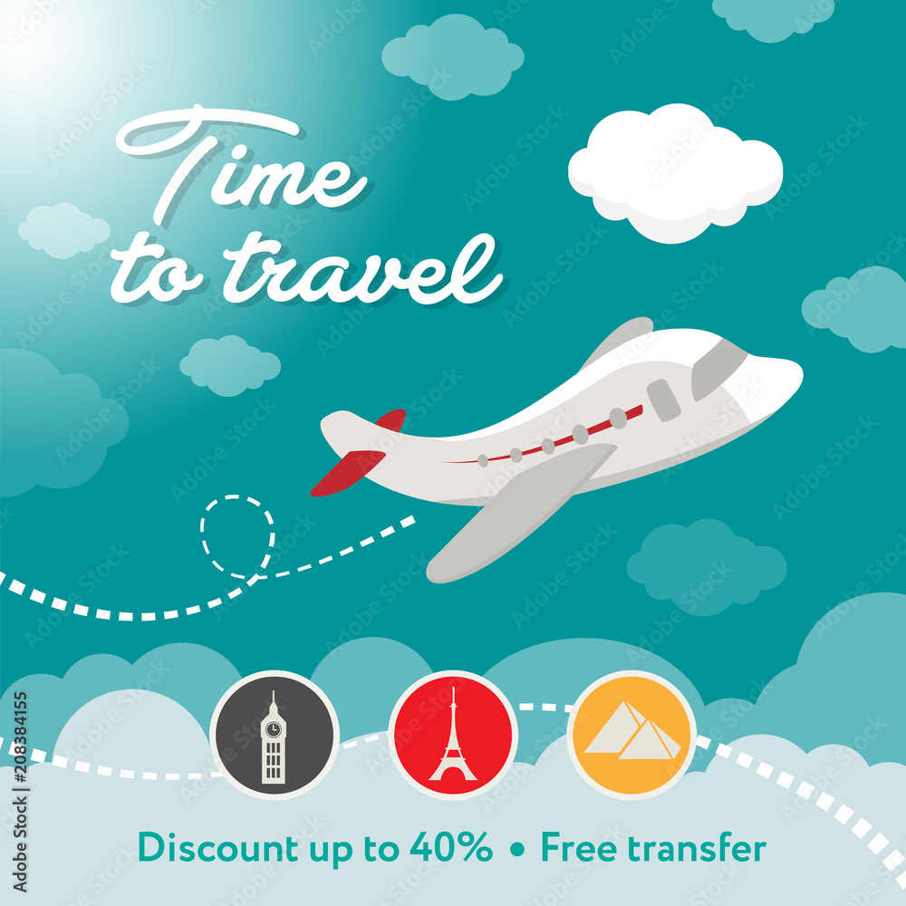 Time to travel. Square banner contains plane, clouds. Discount