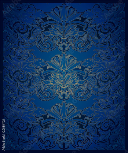 vintage vertical background in a dark blue ultramarine with gold, with a classic pattern in the Baroque style, Rococo style with darkened edges