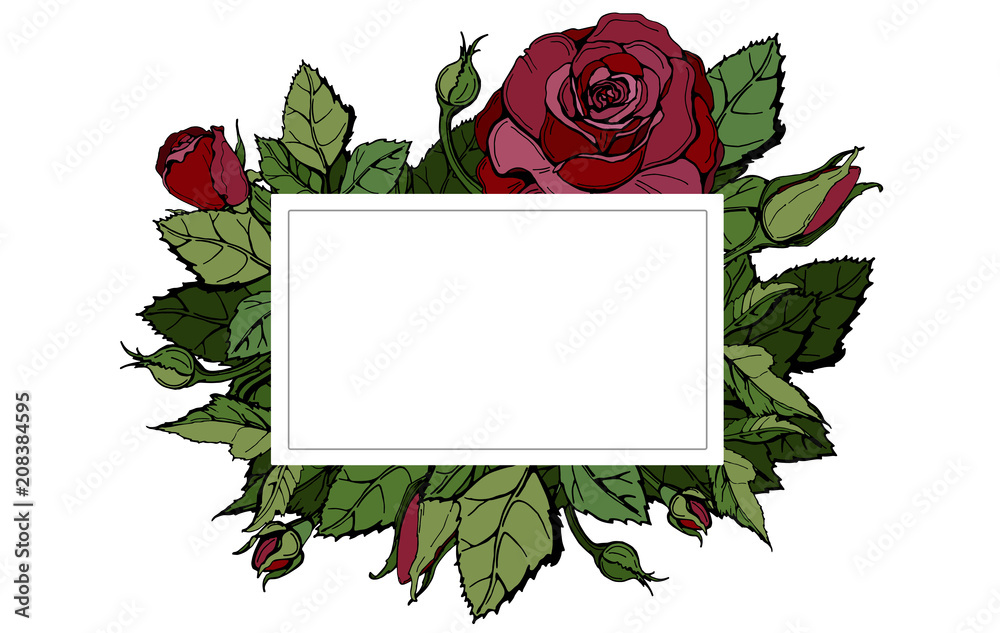 Rectangular vector frame. Red roses, buds, leaves. Rectangular vector frame. Red roses, buds, leaves.
