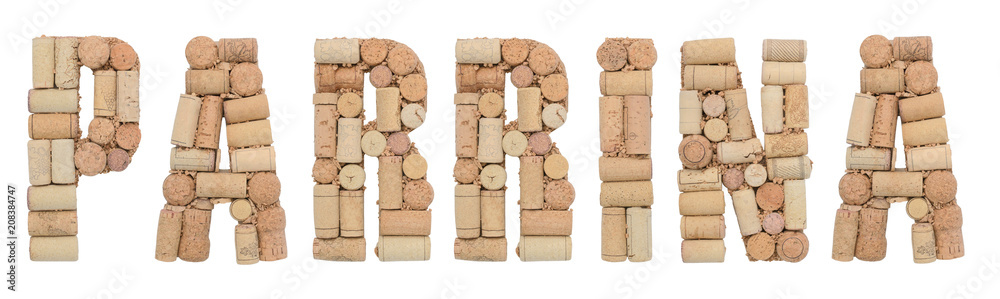 Word Parrina made of wine corks Isolated on white background
