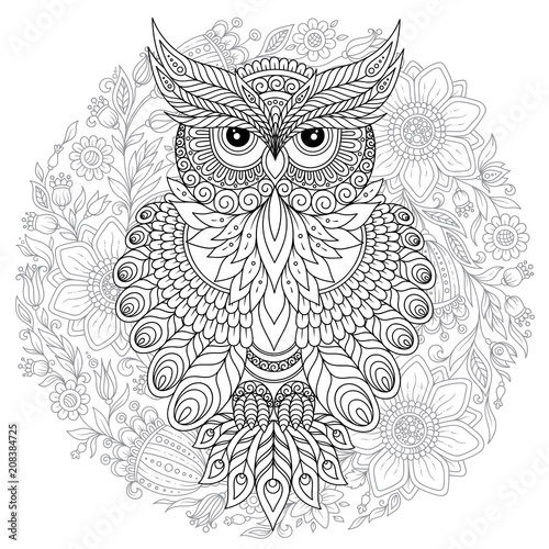  Coloring page with cute owl and floral frame.