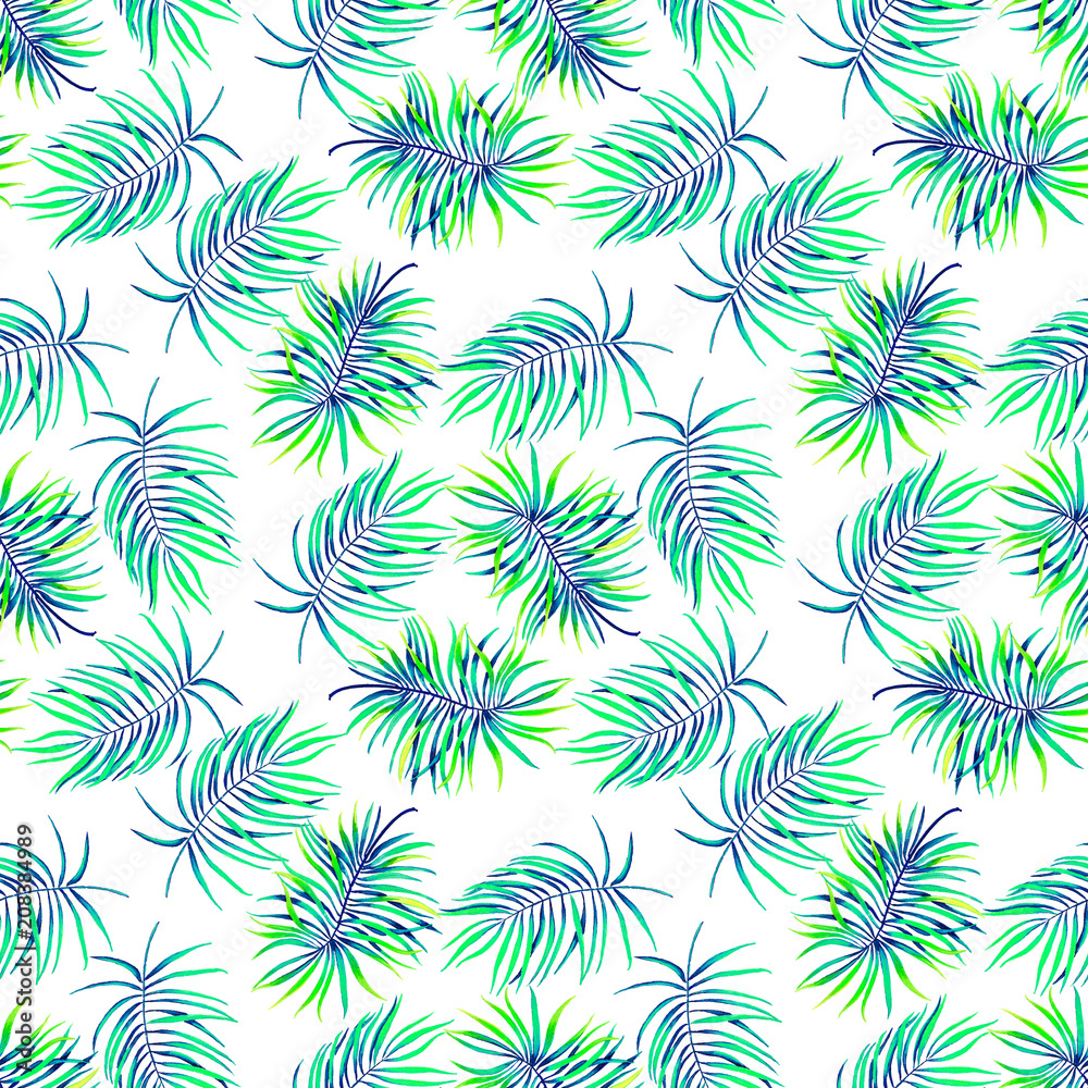 Seamless texture with palm leaves on white background.