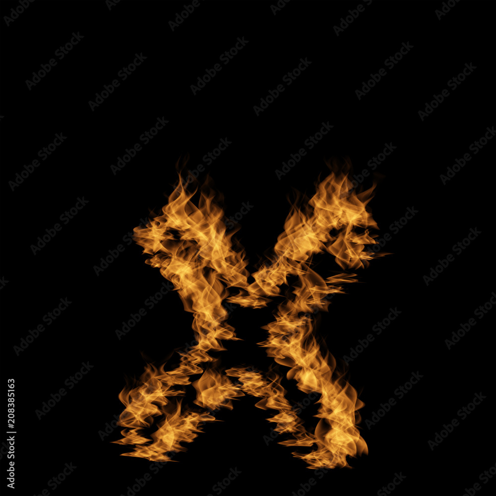 Hot fiery burning flame font made of blazing or raging orange yellow fire isolated on black background. 3D illustration of abstract grungy glowing hell or inferno danger concept energy design Hot fiery burning flame font made of blazing or raging orange yellow fire isolated on black background. 3D illustration of abstract grungy glowing hell or inferno danger concept energy design
