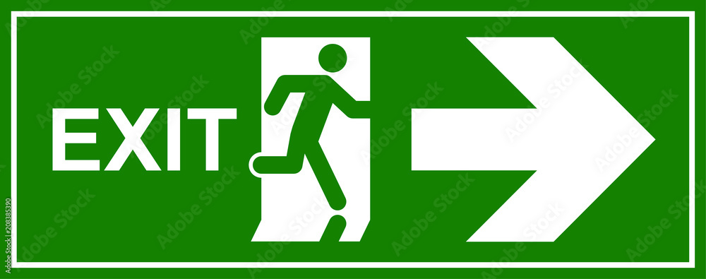 Emergency exit sign. Man running out fire exit