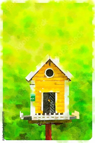 Watercolour yellow birdhouse in a green background © pink candy