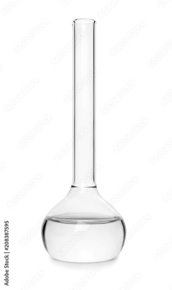 Volumetric flask with liquid on white background Volumetric flask with liquid on white background