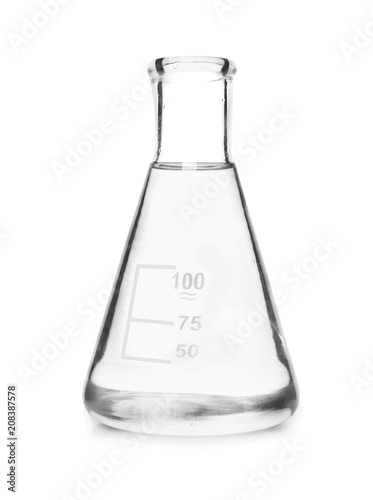 Conical flask with liquid on white background