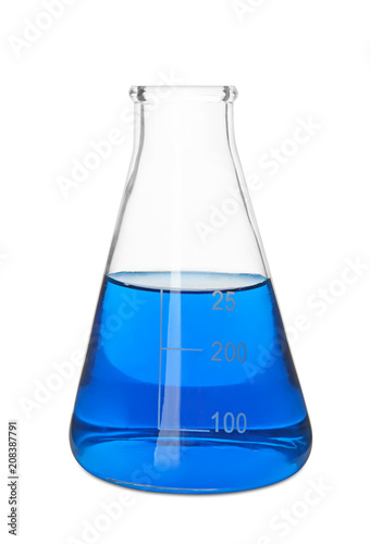 Test flask with blue sample on white background