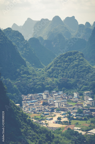 Aerial view of an village from Moon Hill mountain. Yangshuo, China, Asia