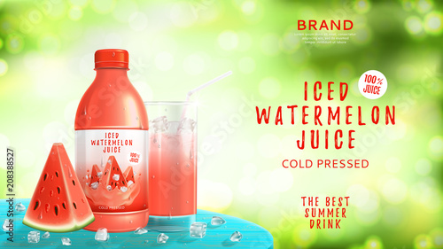 Iced watermelon juice advertisement. Vector illustration with realistic bottle, watermelon slice, glass and ice cubes on wooden table.
