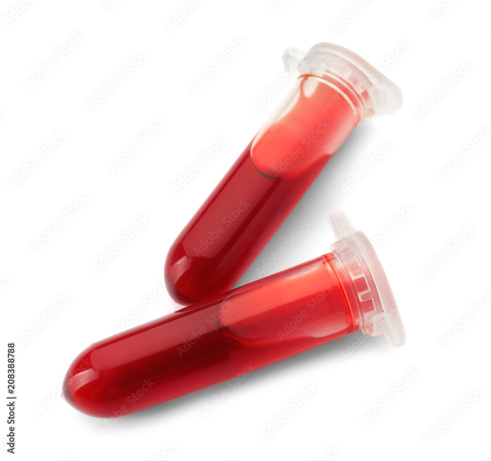 Test tubes with blood samples on white background Test tubes with blood samples on white background