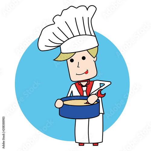 blonde chef in a tie stirring a soup with a wrench on blue circle