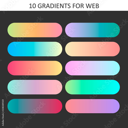 Trendy gradient swatches. Collection palettes of gradient swatches for business infographic, social media, mobile app, flat web design, backgrounds. Set of multicolored gradients. Vector Illustration