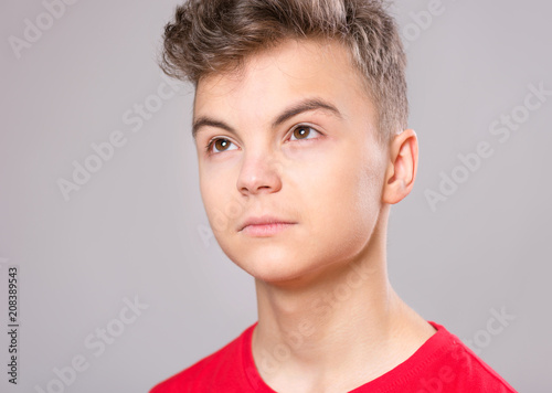 Close up emotional portrait of caucasian teen boy. Handsome smiling guy. Funny cut teenager on gray background. Child looking away.