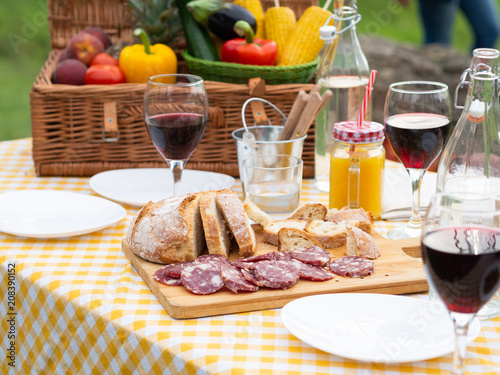 Party in the countryside. Table detail of a picnic decorated outdoors in summer with vegetables, red wine in glasses, Italian sausage, homemade bread on a wooden cutting board on checkered tablecloth