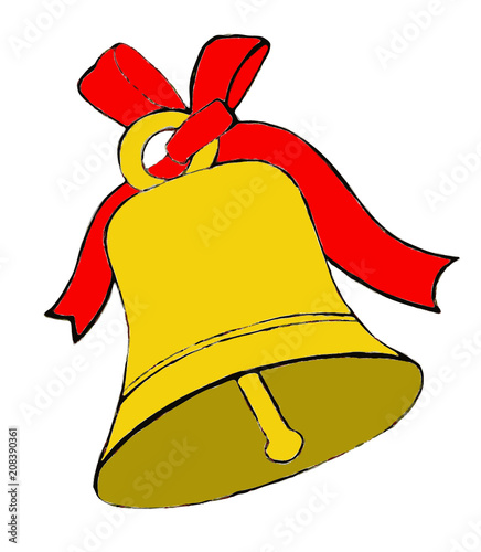 Drawing of a holiday bell with a red ribbon