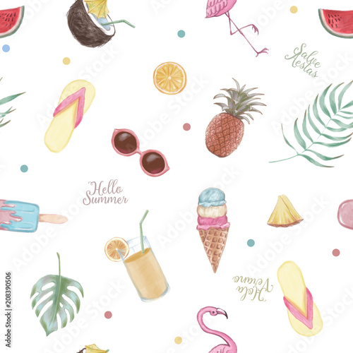 Hand drawn illustration of the summer time theme seamless pattern. Beach theme background with summer elements