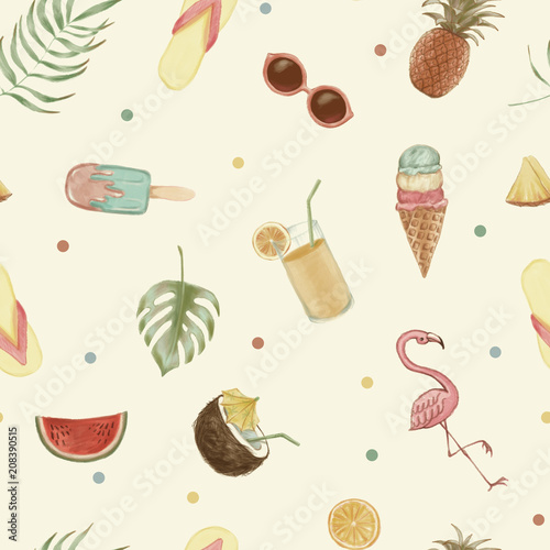 Hand drawn illustration of the summer time theme seamless pattern. Beach theme background with summer elements
