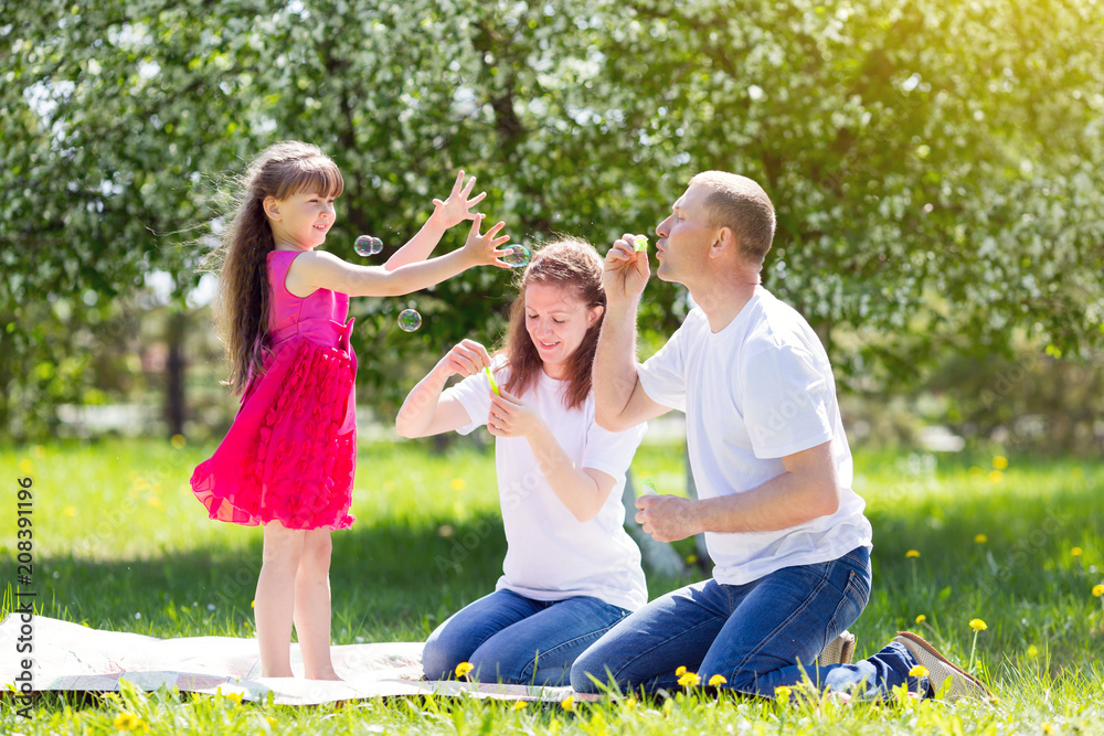 Fototapeta premium Little girl is playing with soap bubbles. Parents let the soap bubbles on their daughter in the summer in the park.
