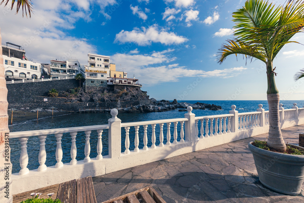 Palm trees and coastline with traditional canarian buildings in Puerto de la Cruz, Tenerife, Spain.