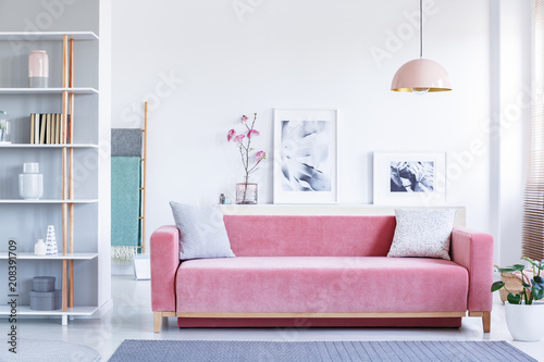 Lamp above pink settee with pillows in pastel living room interior with flowers and posters. Real photo