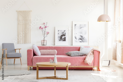 Patterned armchair and pink couch in feminist apartment interior with flowers and posters. Real photo