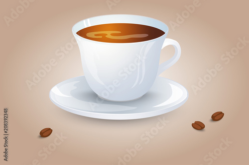 Classic black coffee in a white cup and saucer. Favorite morning drink. Vector illustration.