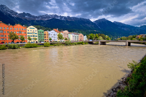 City of Innsbruck colorful Inn river waterfront panorama