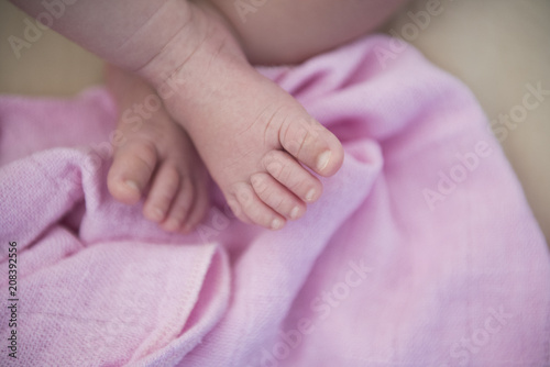 Small foots of newborn baby on pink blanket