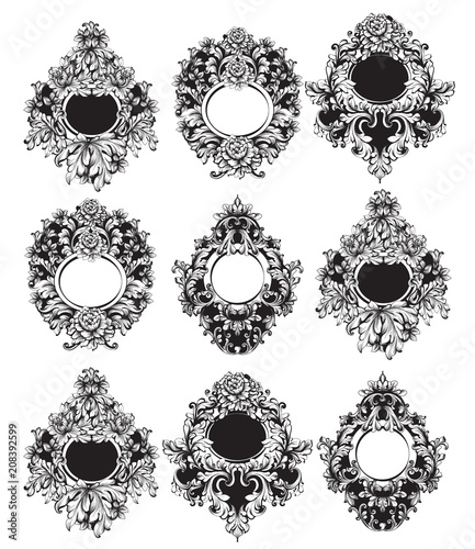 Baroque Round Frame sets collection Vector. Classic rich ornamented carved de...