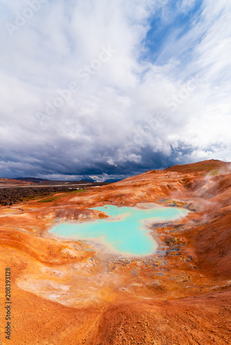 Sulfur springs on the slope of a clay hill in the volcanic region of Iceland