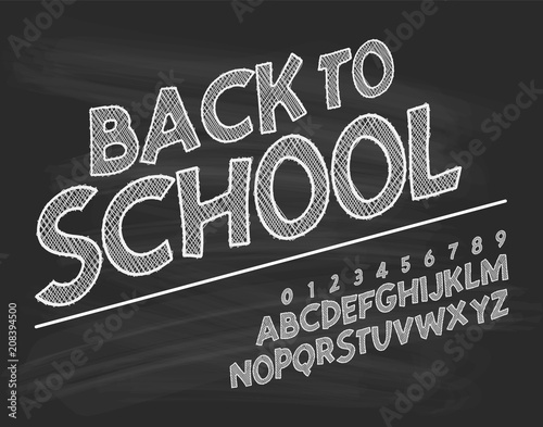 Latin alphabet chalk - badge back to school. Trend font 2018 Color in cute cartoon flat style.