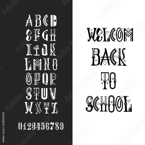 Latin alphabet chalk - badge back to school. Trend font 2018 Color in cute cartoon flat style.