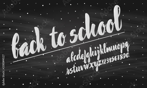 Latin alphabet chalk - badge back to school. Trend font 2018 Color in cute cartoon flat style.