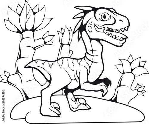 cartoon funny prehistoric velociraptor, contour drawing, coloring book 